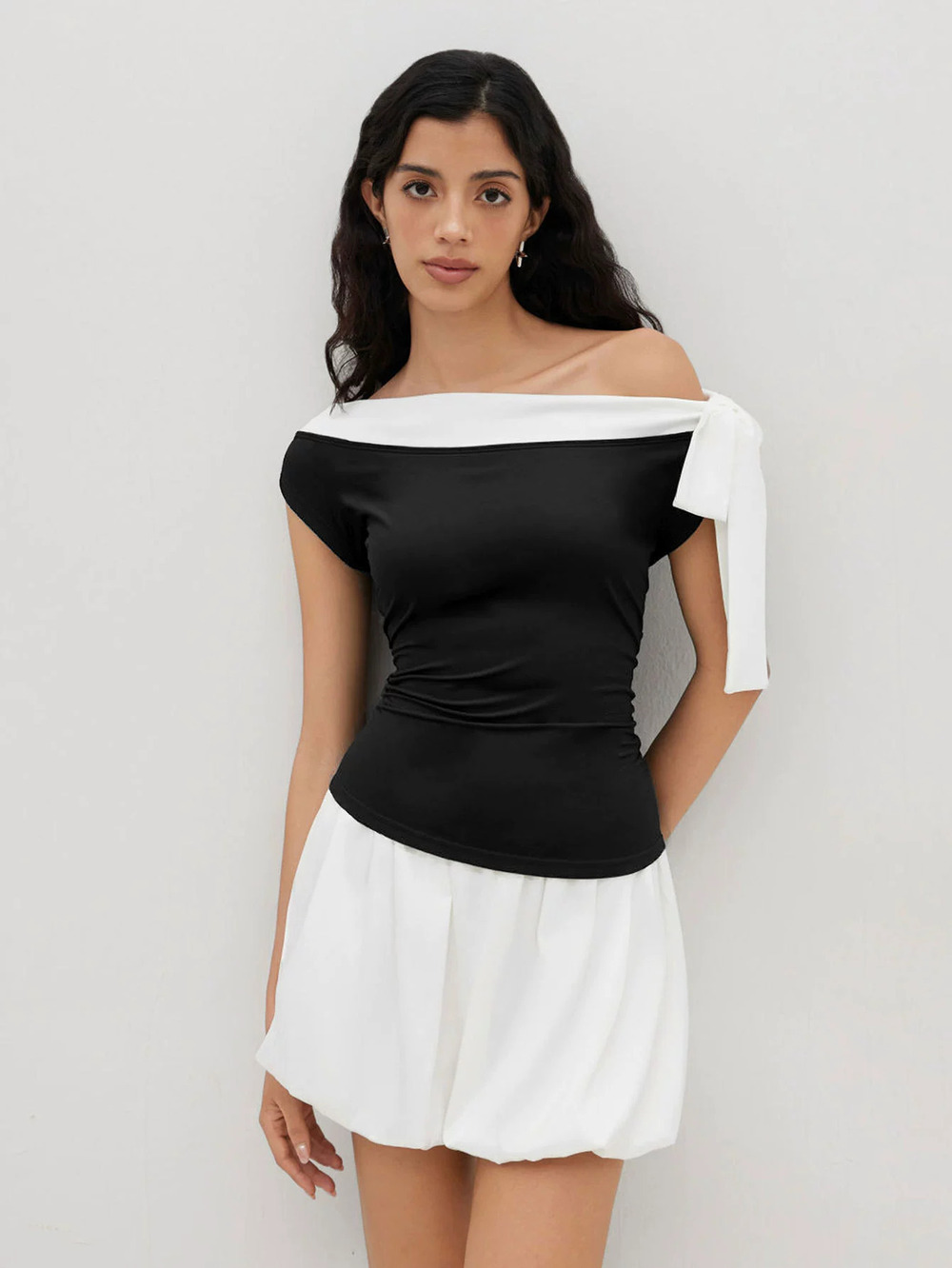 ZARA Black White Contrast Slim Off Shoulder Slash Neck Bow Tie Sleeveless Top